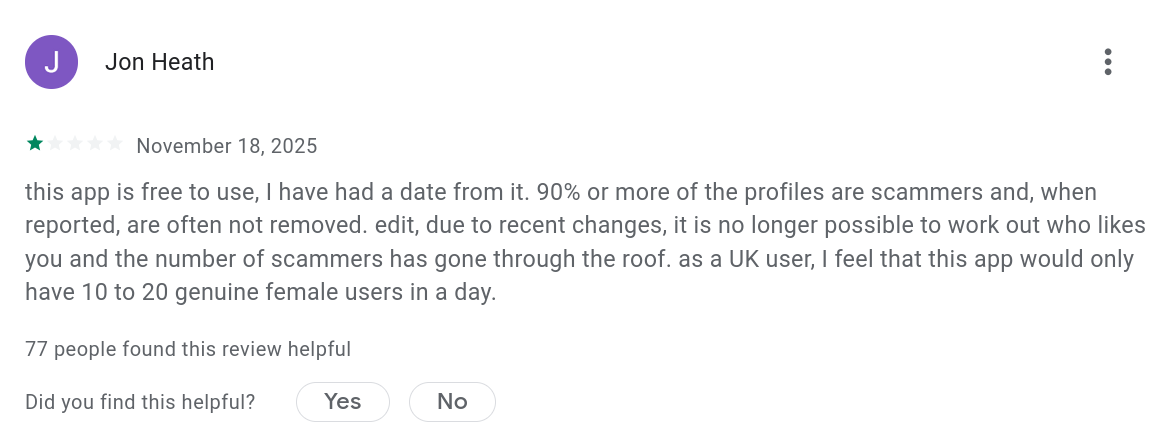 Dating app review complaining about 90% scammer profiles