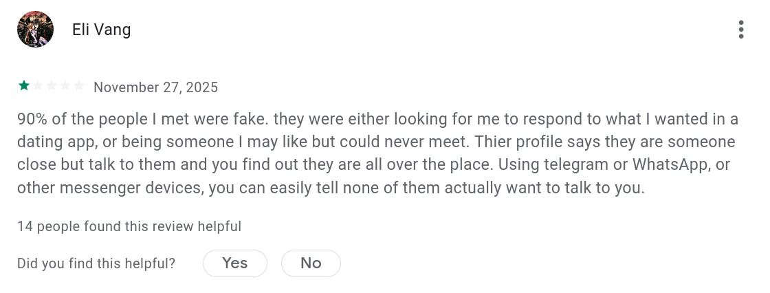 Dating app review about 90% fake profiles using Telegram